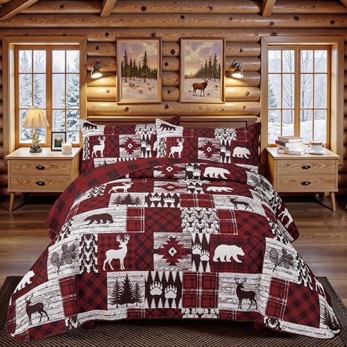3 Piece Cabin Full/Queen Quilt Sets Farmhouse Rustic Reversible Microfiber Soft Lightweight Bedspread Comforter with 2 Shams Patchwork Country Lodge Bedding Quilts Set for All Season, 90''x96'', Red - color: Bear Red, size: Full/Queen