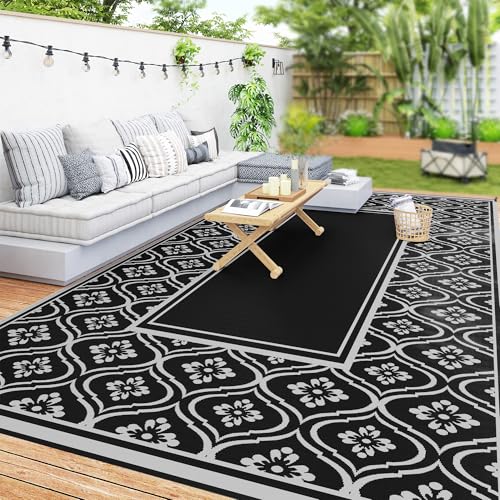 Outsunny Outdoor Rug for Patio, 9' x 18' Waterproof Large Mat, Reversible Plastic Straw Rug for Decor, Portable Outside RV Camping Area Carpet Mat for Backyard Porch Deck Picnic, Black & Gray Gourd - color: Black and Gray Gourd Border, size: 8'11" x 17'11