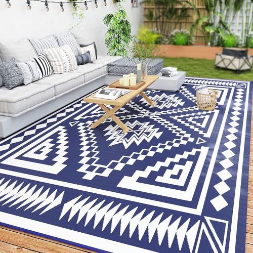 Outsunny Outdoor Rug for Patio, 9' x 18' Waterproof Large Mat, Reversible Plastic Straw Rug for Decor, Portable Outside RV Camping Area Carpet Mat for Backyard Porch Deck Picnic, Blue & White Square - color: Blue and White Square Patchwork, size: 8'11" x