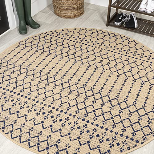 JONATHAN Y Moroccan Geometric Indoor Outdoor Round Area Rug 4 Ft Beige/Navy, Ourika Textured Weave for Backyard, Patio, Porch, Easy-Cleaning, High Traffic, Pet-Friendly, Non-Shedding (SMB108H-4R) - color: Beige/Navy, size: 3'11" (Round)
