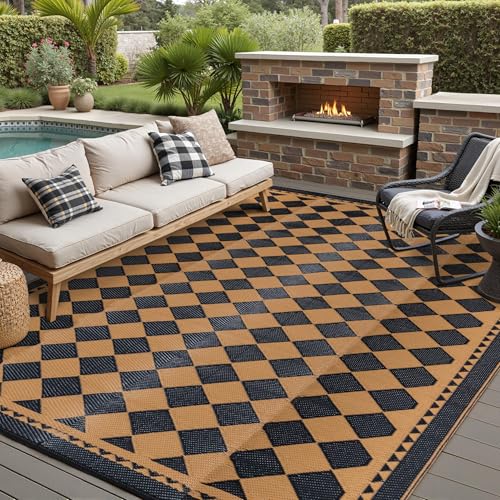 HUGEAR Outdoor Waterproof Rug 9'x12' Plastic Straw Rugs Washable Reversible Floor Mat Brown Plaid Carpet for Camping RV Deck Entryance Porch Picnic Balcony Beach Backyard - color: Checkered/Black&brown, size: 9' x 12' (Rectangular)