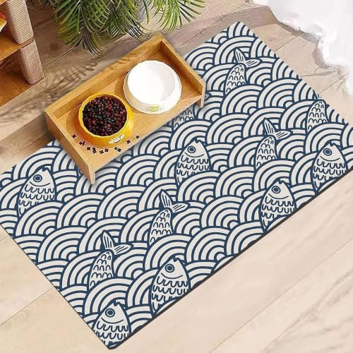 Cat Food Mat, Absorbent Pet Feeding Mat for Dogs and Cats, Abstract Sea Wave Non-Slip Quick Dry Dog Bowl Mat, Floor Protector for Food and Water Bowls (17x30in) - color: Fish, size: 17x30in