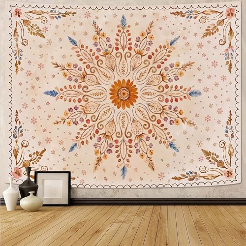 Fowocu Boho Floral Mandala Tapestry for Bedroom Aesthetic Watercolor Bohemian Flower Wall Tapestry Brown Beige Hippie Indian Small Tapestries Wall Hanging for Living Room Dorm Decor 40 x 30 Inch - color: Brown Yellow, size: 40"L x 30"W
