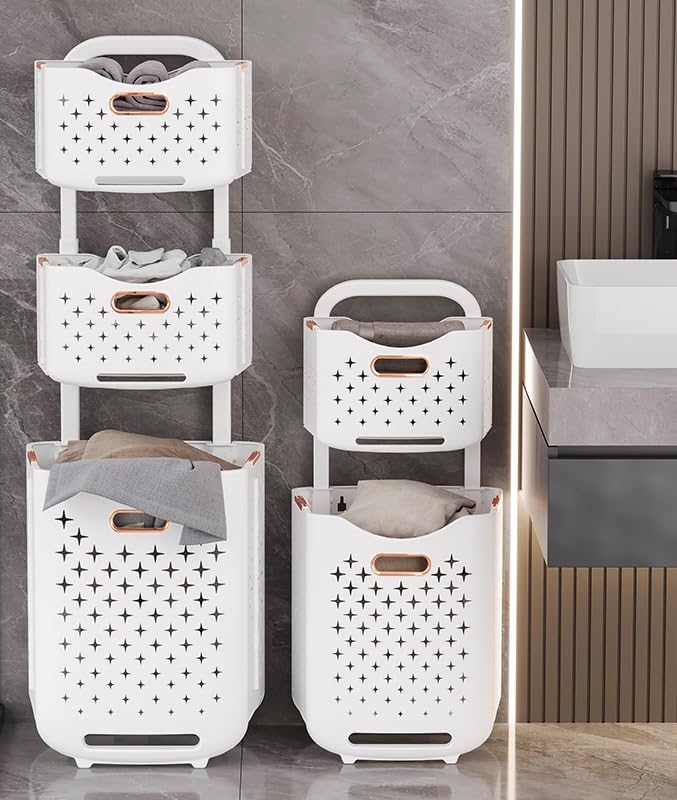 Collapsible Laundry Basket Organizer, 2-Tier Foldable Laundry Sorter with Wheels & Wall Mount, Space-Saving Slim Laundry Hamper with Removable Bins, 80L Capacity for Bathroom, Dorm & Small Spaces - size: 2-Tier