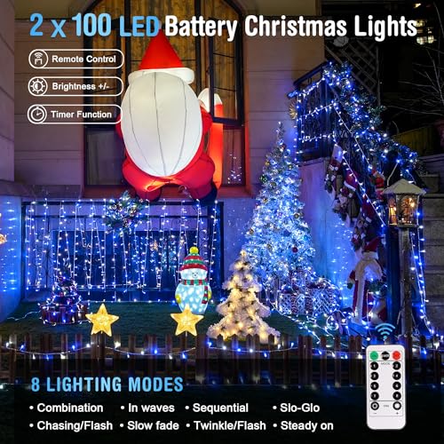 JMEXSUSS 2 Pack Blue and White Battery String Lights, Each 33ft 100 LED Battery Powered Christmas Lights with Remote for Outside Party Birthday - color: Blue&White, size: 2*100LED