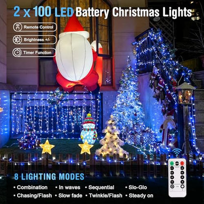 JMEXSUSS 2 Pack Blue and White Battery String Lights, Each 33ft 100 LED Battery Powered Christmas Lights with Remote for Outside Party Birthday - color: Blue&White, size: 2*100LED