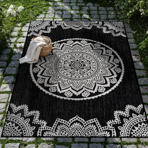 CAMILSON Outdoor Rug 5x7 Modern Area Rugs for Indoor and Outdoor Patios and Porches - Waterproof Washable Non-Shedding Easy-to-Clean Outside Carpet (5 x 7 Medallion - Black/White) - color: Medallion - Black / White, size: 5' x 7' (Rectangular)