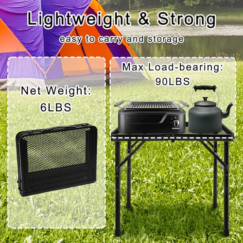 Grill Table Camping Table Portable Folding Table,Height Adjustable Collapsible with Mesh Desktop,Lightweight Metal Table for Camp, BBQ, Picnic, RV, Outdoor Cooking, Travel
