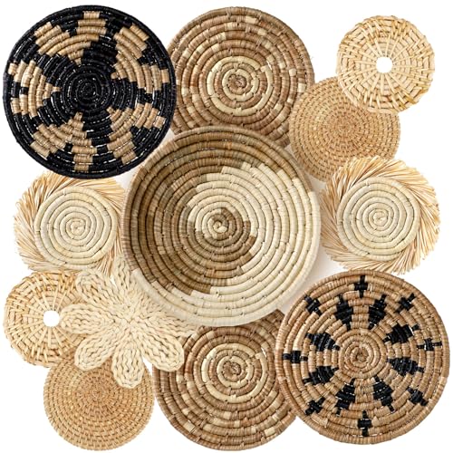 11 Pcs Boho Hanging Wall Basket Decor Handmade Woven Basket Wall Decorative Boho Wicker Baskets Placemats Round Farmhouse Bulrush Art for Rustic Home Decorations Christmas Gift(Rustic) - style: Rustic