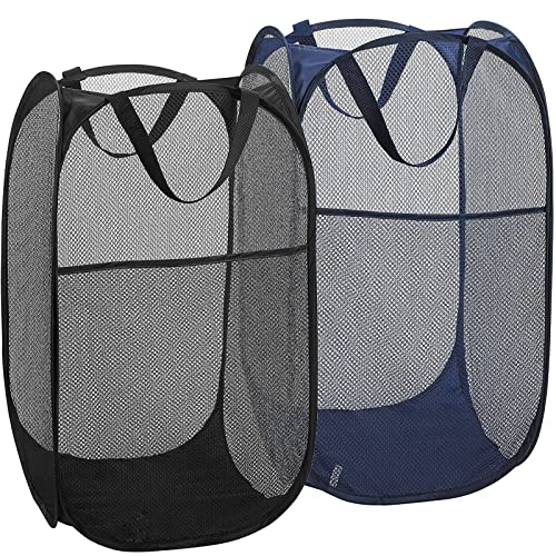 2 Pack Laundry Basket,Foldable Mesh Pop-up Laundry Hamper with Durable Handle,Easy to Open and Fold for Dorm, Laundry Room, Bedroom, RV (Black and blue) - color: Black and blue
