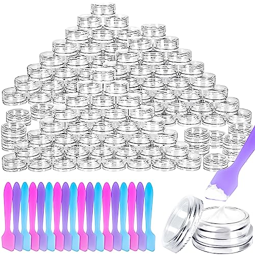 100 Pcs 3g Empty Plastic Containers with Lids,Tiny Makeup Sample Containers Small Pot Jars Clear Round Cosmetic Jars with 20 Pcs Mini Spatulas for Liquid Sample Powder Creams (Clear Lid) - color: Clear, size: 100PCS
