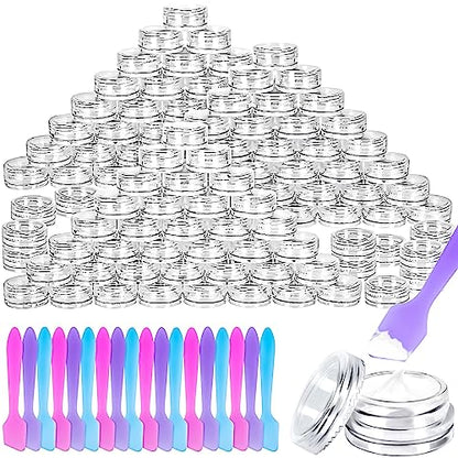 100 Pcs 3g Empty Plastic Containers with Lids,Tiny Makeup Sample Containers Small Pot Jars Clear Round Cosmetic Jars with 20 Pcs Mini Spatulas for Liquid Sample Powder Creams (Clear Lid) - color: Clear, size: 100PCS