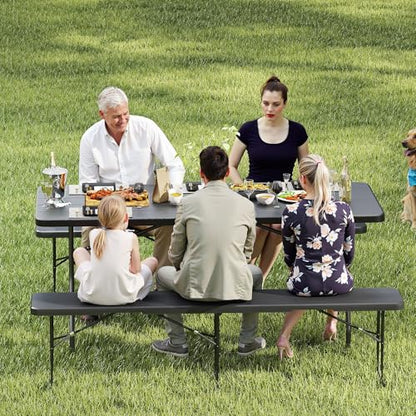 Real Relax 6' Picnic Table with 2 Benches, 3 Piece Black Wood Grain Portable HDPE Folding Camping Table and Benches for Courtyard, Garden, Outdoor Leisure, Party - color: Black