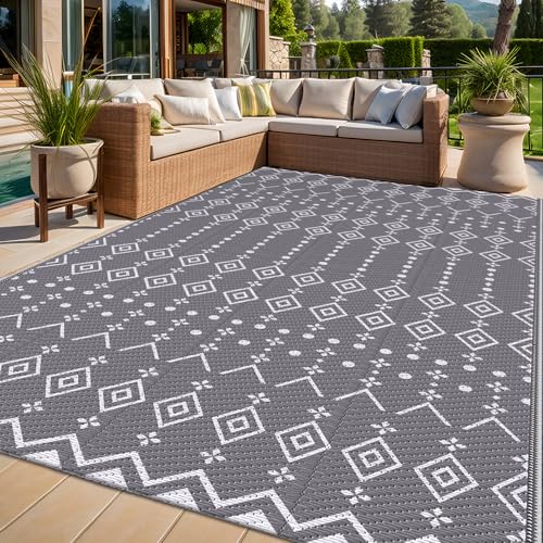 StepRite 5’ x 8’ Reversible Outdoor Rug, Waterproof Plastic Straw Rug, Patio Rug, Large Modern Area Rug Carpet, Indoor Outdoor Rugs for Camping, Porch, Deck, Balcony, Backyard, RV, Picnic(Grey) - color: Grey, size: 5' x 8' (Rectangular)