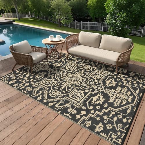 GAOMON 9x18 Outdoor Rug Waterproof for Patio Picnic Non Shedding Plastic Straw Reversible Large Outdoor Rug for Pool Trailer RV Portable Boho Vintage Floral Carpet Outside Decor, Black Brown - color: Vintage | Black Brown, size: 9' x 18' (Rectangular)