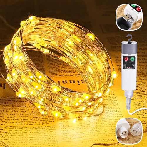 Joomer Fairy String Lights, 33FT 100LED Rechargeable LED Lights, Warm White | Copper Wire String Lights with Timer and 13 Modes, Waterproof Portable Camping Lights for Tent, Patio, Bedroom, Outdoor Decor - color: Warm White