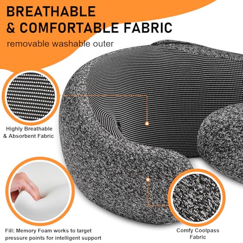 Travel Pillow - Hooded Neck Pillow Airplane Memory Foam Filling for Plane, Office, Cars Sleeping, Road Trip, Long Flights, Airplane Travel Essentials, Includes Eye Mask & Earplugs (Dark Gray) - color: Dark Gray