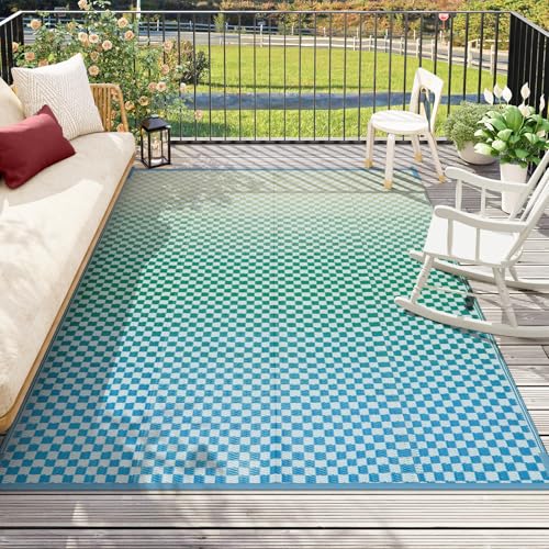 Wonnitar 8x10 Waterproof Outdoor Rugs - Blue Yellow Ombre Checkered Patios Rug, Large Reversible Plastic Straw Mat for Camping RV Balcony, Portable Colorful Outdoor Deck Rug - color: Blue-yellow, size: 8' x 10' (Rectangular)