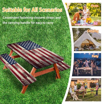 Picnic Table Cover with Bench Covers 6FT 3PCS, Camping Essentials, Fitted Camping Tablecloth Waterproof and oilproof with elastic Edge for Indoor Outdoor Patio, Retro American Flag (72inch) - color: Retro American Flag,Red