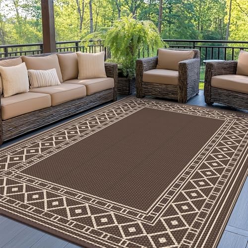 GENIMO Outdoor Rug Waterproof for Patio Decor, 5'x8' Reversible Plastic Straw Rug Carpet, Camping Mat for Outdoor, RV, Backyard, Deck, Balcony, Picnic, Beach, Coffee & Beige - color: Coffee & Beige, size: 5' x 8' (Rectangular)