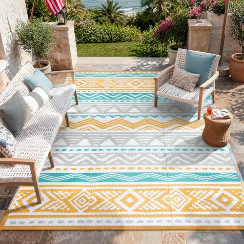 Lahome Outdoor Rugs 8x10 Waterproof, Reversible Outdoor Plastic Straw Rug for Camping Patio, RV Outdoor Rugs Outside, Outdoor Carpet for Porch Deck Backyard Picnic(Blue/Yellow,8'x 10') - color: Blue/Yellow, size: 8'x10'