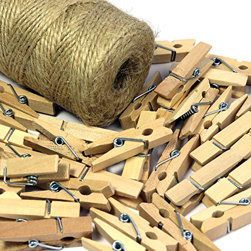 Mini Wooden Clothespins With Jute Twine, 100pcs, 1.4 Inch Photo Paper Peg Pin Craft Clips With 320ft Twine for Scrapbooking, Arts & Crafts, Hanging Photos (Natural Color) - color: Natural
