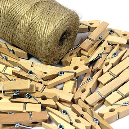 Mini Wooden Clothespins With Jute Twine, 100pcs, 1.4 Inch Photo Paper Peg Pin Craft Clips With 320ft Twine for Scrapbooking, Arts & Crafts, Hanging Photos (Natural Color) - color: Natural