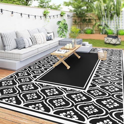 Outsunny Outdoor Rug for Patio, 9' x 18' Waterproof Large Mat, Reversible Plastic Straw Rug for Decor, Portable Outside RV Camping Area Carpet Mat for Backyard Porch Deck Picnic, Black & White Gourd - color: Black and White Gourd Border, size: 8'11" x 17'