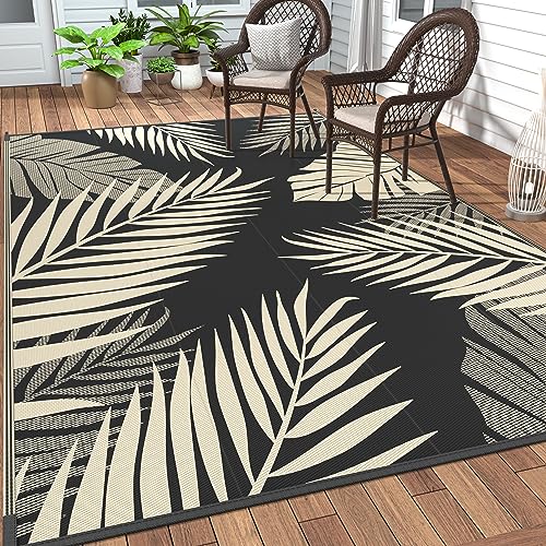 GENIMO Outdoor Rug 5' x 8' Waterproof for Patios Clearance, Reversible Outdoor Plastic Straw Camping Rug Carpet, Large Area Rugs Mats for RV, Picnic, Backyard, Deck, Balcony, Porch, Beach, Black&Beige - color: Black & Beige | Waterproof, size: 5' x 8' (Re
