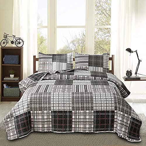 Bedspread Set Twin Size Quilt Set Plaid Bed Spread Coverlet Black White Grey Plaid Patchwork Stripe Modern Quilt Bedspread Bedding Soft Lightweight Reversible Home Bedding Mens Quilts for Twin Bed - color: Black White Grey Plaid, size: Twin