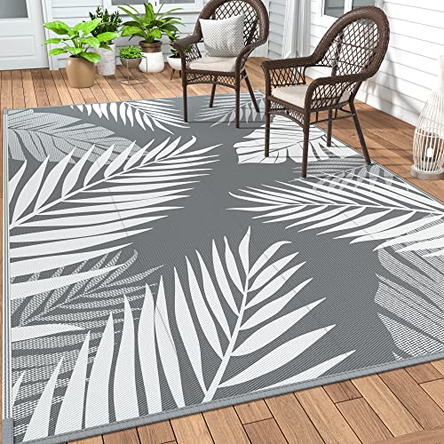 GENIMO Outdoor Rug 6' x 9' Waterproof for Patios Clearance, Reversible Plastic Straw Camping Carpet, Large Area Rugs Mats RV, Picnic, Backyard, Deck, Balcony, Porch, Beach, Grey&White - color: Grey & White, size: 6' x 9' (Rectangular)