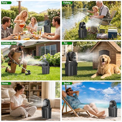Ausic 1.35 Gal Portable Misting Fan, Outdoor Fans for Patios, [Max 30H] Rechargeable Battery Operated Fan, Bucket Mister Water Cooling Fan for Camping/Travel/Beach, 2 Large Spray Outlets