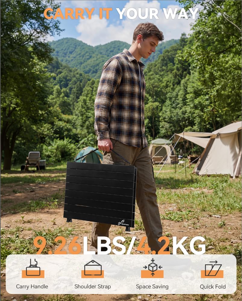 Sportneer Camping Table: 35.4"x23.6" Large Bi-Fold Portable Folding Table with Fast Open Design, 3 Adjustable Heights Aluminum Tabletop for Camping Picnics Fishing BBQs & Backyard Use - color: Black