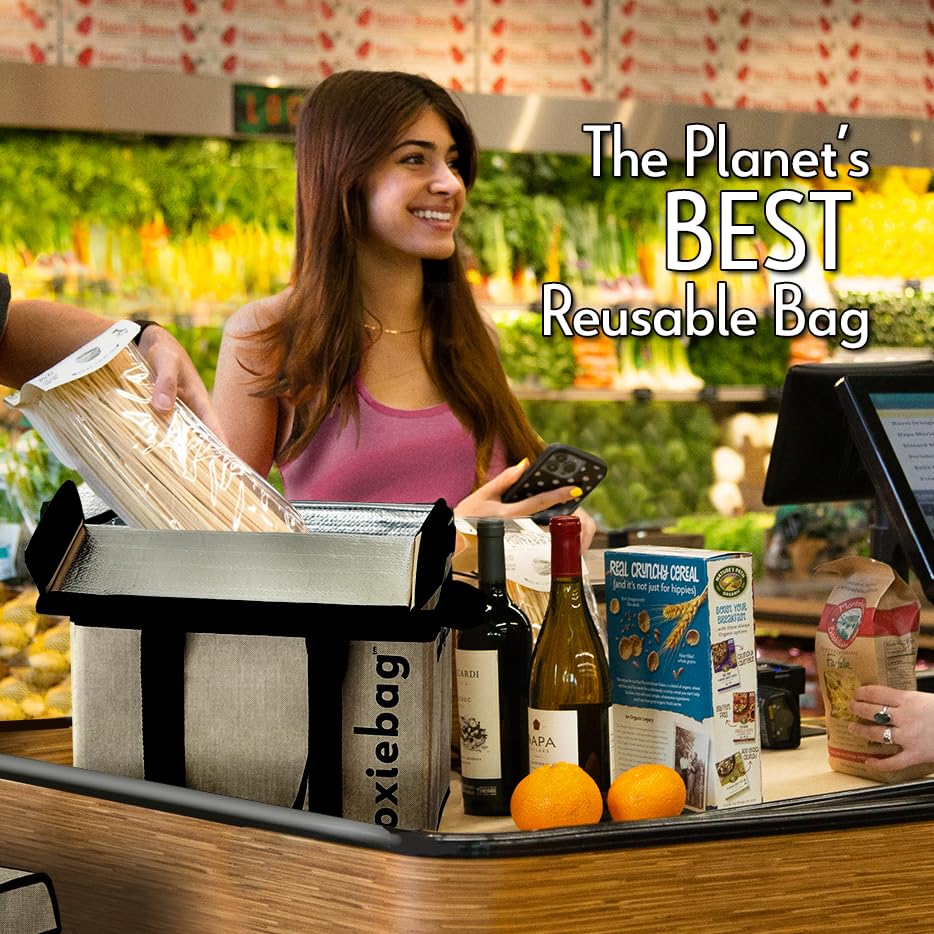 Boxiebag Reusable Grocery Bag (Single) – Durable Reusable Shopping Bag Box. Insulate, Stand Up, Stay Open, Fold Flat – Large Tote Bag with Long Handles & Reinforced Bottom.