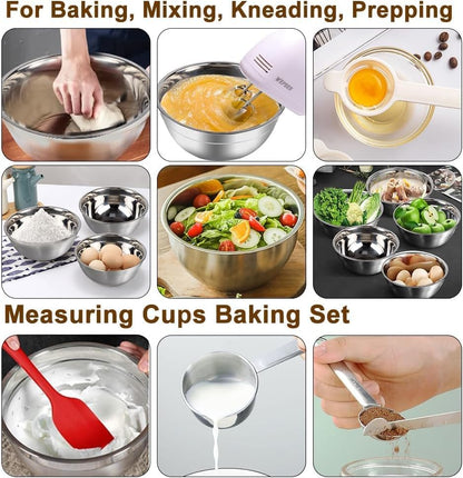 WEPSEN 5-Speed Electric Hand Mixer, 4 Large Mixing Bowls Set, Handheld Mixers with Whisks Beater, Stainless Steel Metal Nesting Bowl Measuring Cups Spoons Kitchen Cake Blender for Baking Supplies - color: Red