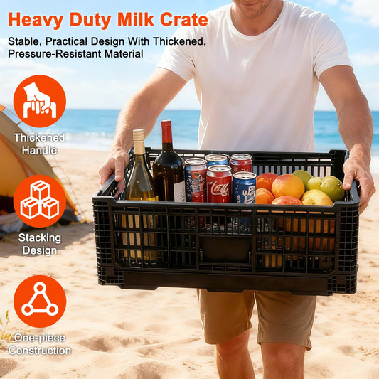 Collapsible Milk Crate, 52L Heavy Duty Plastic Storage Crate Stackable, Collapsible Crates for Storage, Space Saving for Home & Camping - Large Holds 130 lbs, Black - color: 52L Black