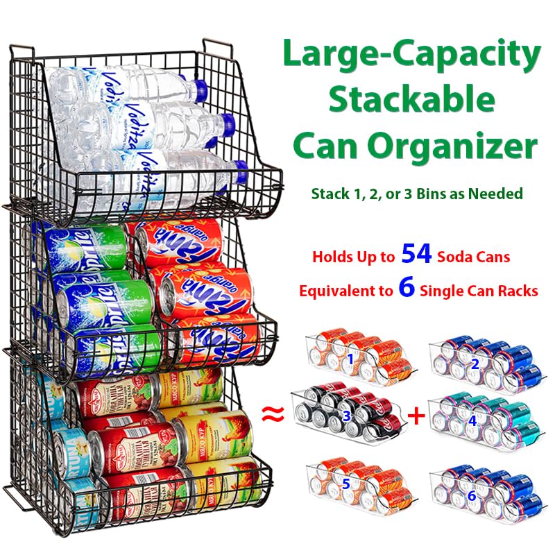 Stacking Can Dispensers 3 Tier with 3 Divider, Large Pantry Can Organizer, Beverage Drink Pop Soda Can Storage Basket, Can Holders for Pantry, Canned Food Rack Wire Bins for Kitchen Cabinet (3-Pack) - size: 3-Pack