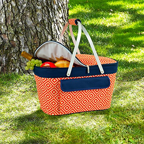 Picnic at Ascot Patented Insulated Folding Picnic Basket Cooler- Designed & Quality Approved in the USA - color: Orange/Navy