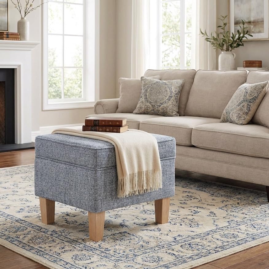 HomePop 22" Medium Tufted Storage Ottoman - Blue Gray Woven Fabric - color: Blue Gray Woven Fabric
