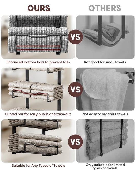 Aetyord Hanging Towel Racks for Bathroom No Drill - 6-Tier Over The Door Bath Towel Storage Organizer for Small Bathrooms - Tiered Back of Door Towel Holder Hanger for Rolled Towels RV Camper Black - color: Black, size: 6 tier