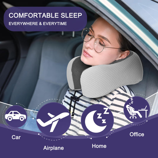 napfun Neck Pillow for Traveling, Upgraded Travel Neck Pillow for Airplane 100% Pure Memory Foam Travel Pillow for Flight Headrest Sleep, Portable Plane Accessories, Mist Gray - color: Mist Gray
