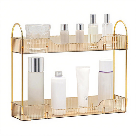 YCIA&DONE 2 Tiers Narrow Vanity Makeup Organizer, Bathroom Organizers Countertop Slim, Perfume Holder Skincare Storage Cosmetic Shelf Spice Rack, for Small Desktop Counter Space, Amber Gold - color: Amber Gold