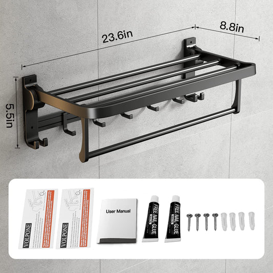 VOLPONE 24 Inch Towel Rack with Towel Bar Holder Foldable Towel Shelf with Movable Hooks Rustproof Towel Storage wall Mount for Bathroom Lavatory Matte Black - color: Matte Black