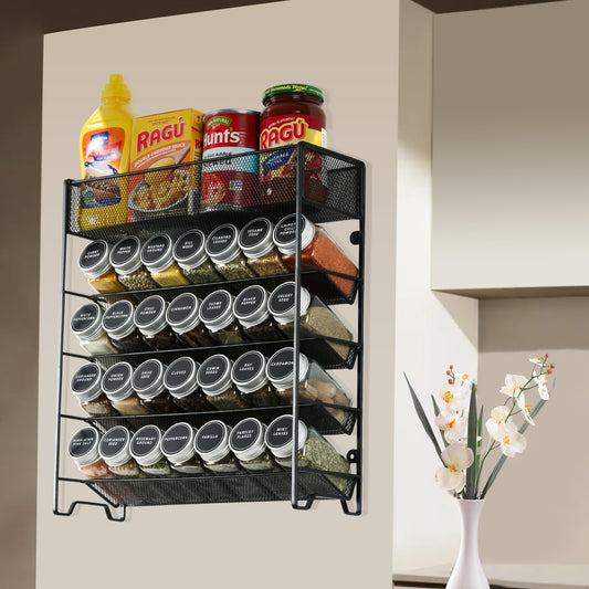 Skiileor Spice Rack Organizer with 28 Empty Spice Jars,Spice Labels,Chalk pen and Funnel Complete Set,Space-Saving for Countertop, Cabinet or Wall Mount - color: Silver
